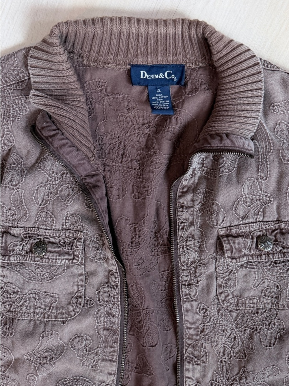 Denim & Co Brown Embroidered Cotton Jacket